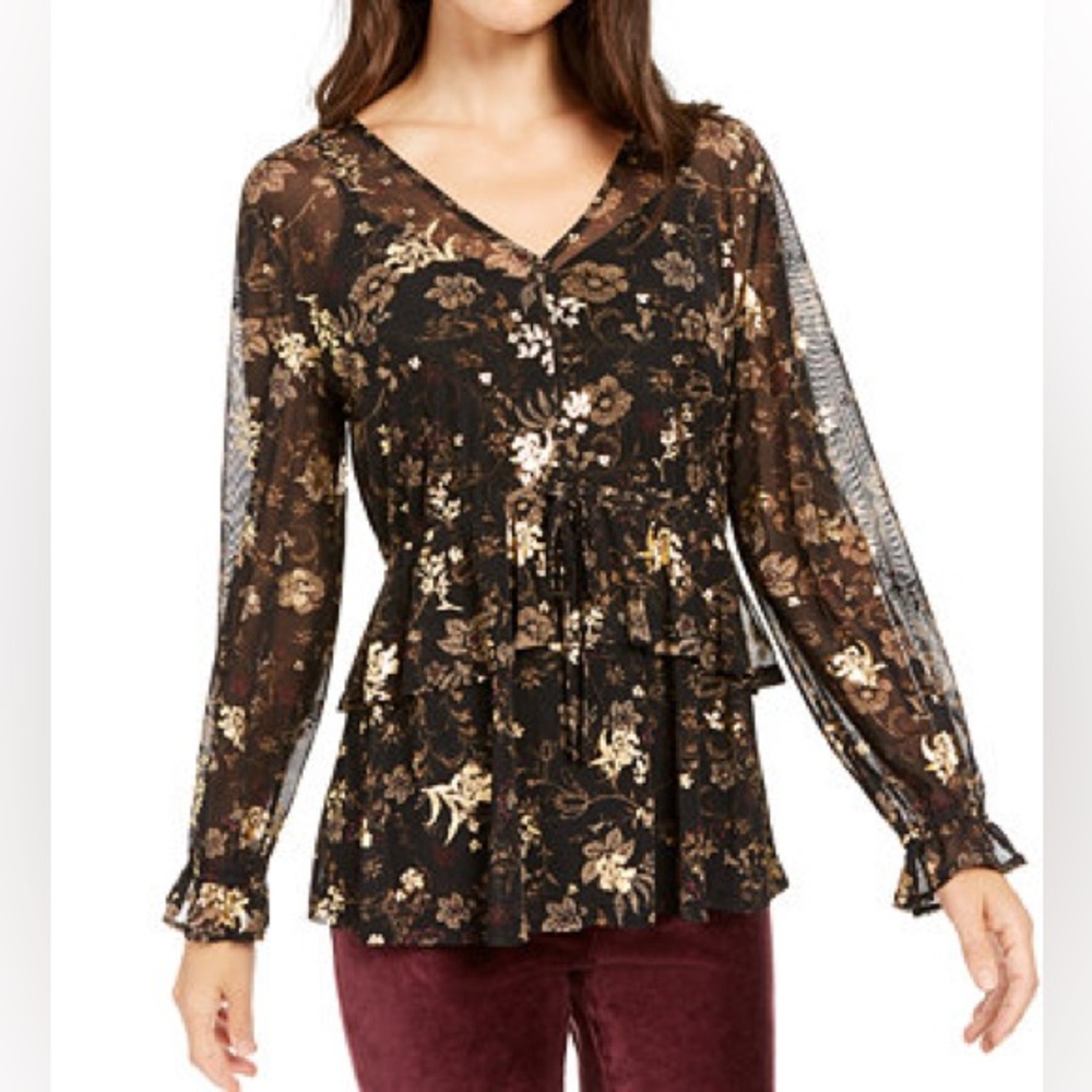 Style & Co Black Sheer Floral Blouse Gold Metallic Boho Peplum Top